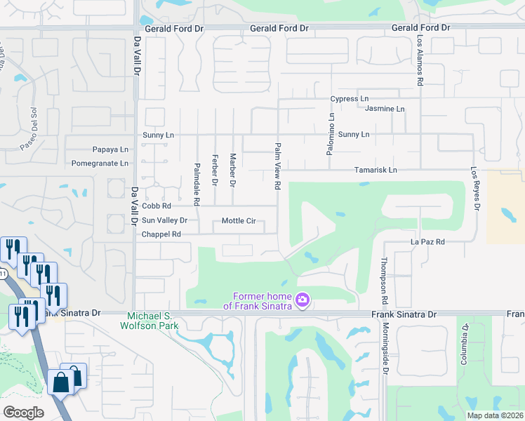 map of restaurants, bars, coffee shops, grocery stores, and more near 70451 Cobb Road in Rancho Mirage