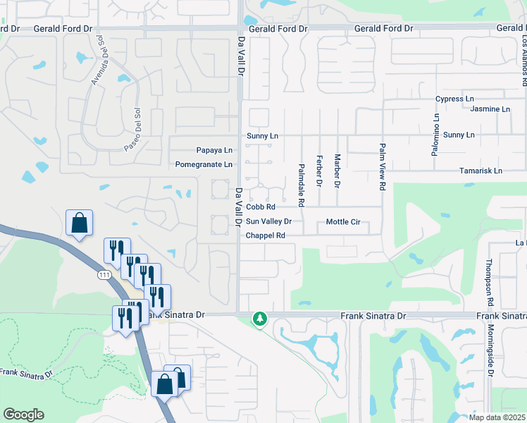 map of restaurants, bars, coffee shops, grocery stores, and more near 70121 Sun Valley Drive in Rancho Mirage