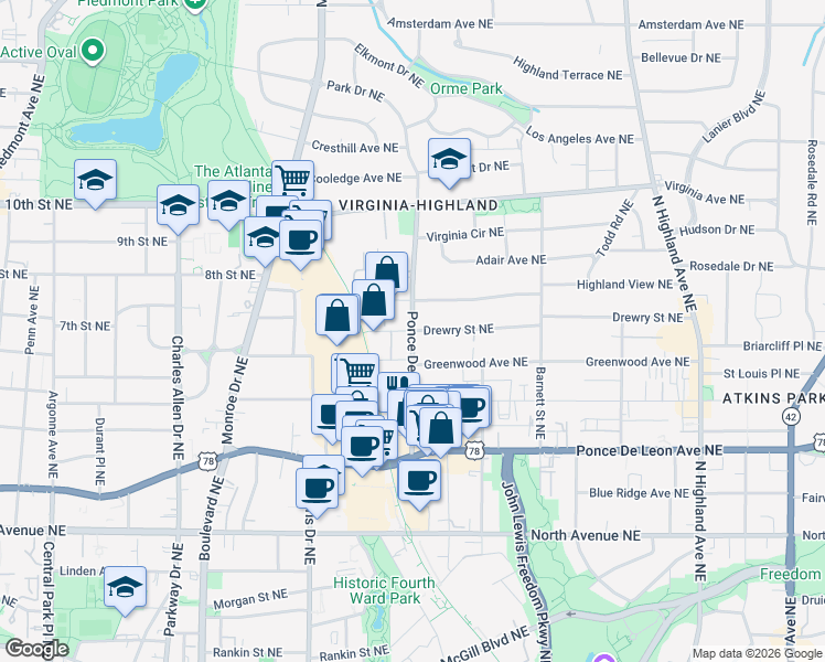 map of restaurants, bars, coffee shops, grocery stores, and more near Ponce De Leon Place Northeast in Atlanta