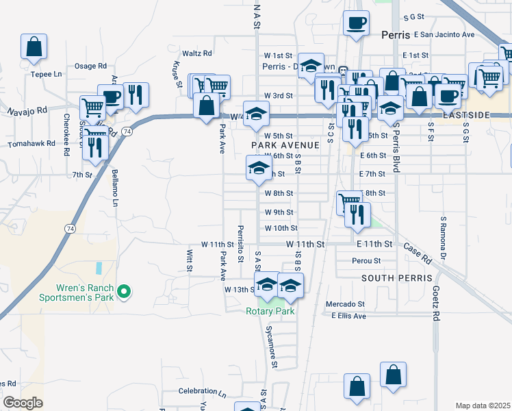 map of restaurants, bars, coffee shops, grocery stores, and more near 921 Perrisito Street in Perris