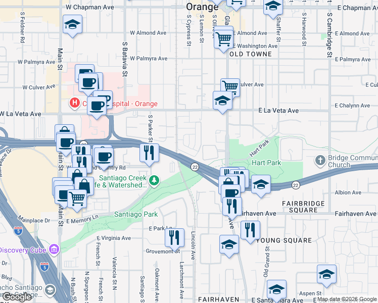 map of restaurants, bars, coffee shops, grocery stores, and more near 340 West Fairway Drive in Orange