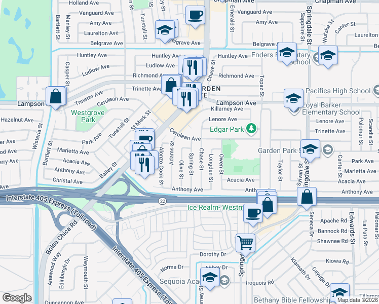map of restaurants, bars, coffee shops, grocery stores, and more near 12772 Olive Street in Garden Grove