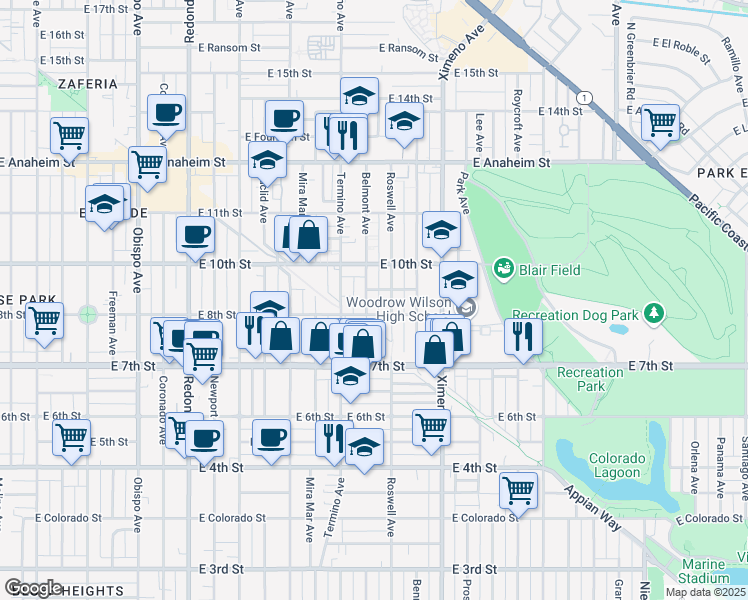 map of restaurants, bars, coffee shops, grocery stores, and more near 4108 East 8th Street in Long Beach