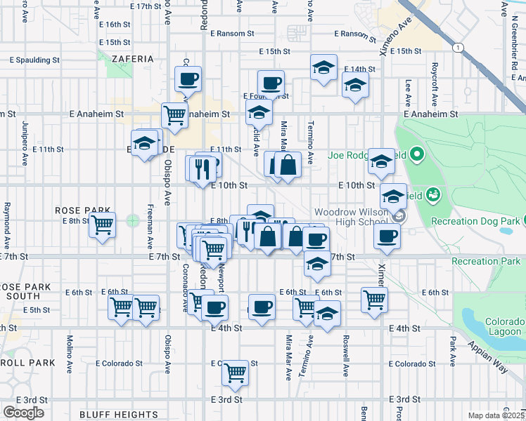 map of restaurants, bars, coffee shops, grocery stores, and more near 785 Euclid Avenue in Long Beach