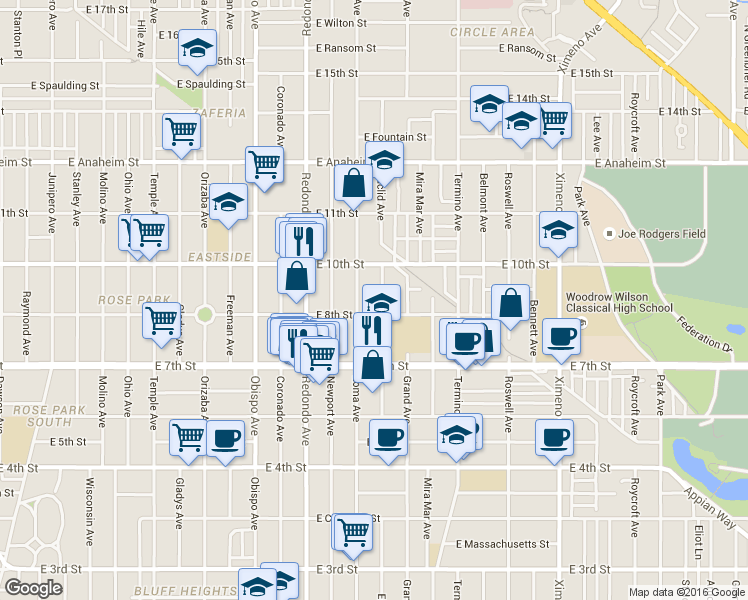 map of restaurants, bars, coffee shops, grocery stores, and more near 785 Euclid Avenue in Long Beach