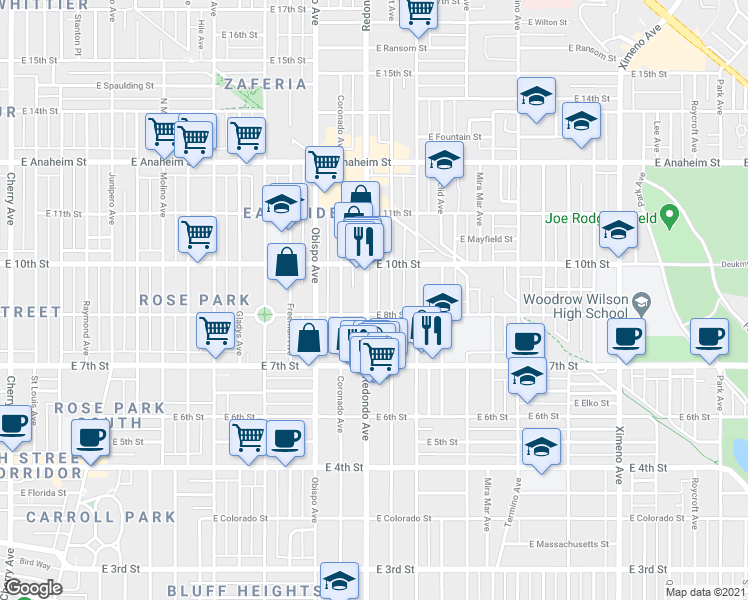 map of restaurants, bars, coffee shops, grocery stores, and more near 790 Redondo Avenue in Long Beach