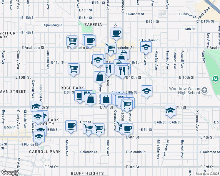 map of restaurants, bars, coffee shops, grocery stores, and more near 3122 East 8th Street in Long Beach
