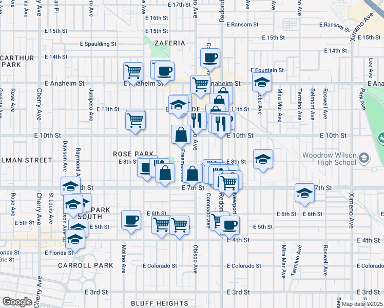 map of restaurants, bars, coffee shops, grocery stores, and more near 3122 East 8th Street in Long Beach