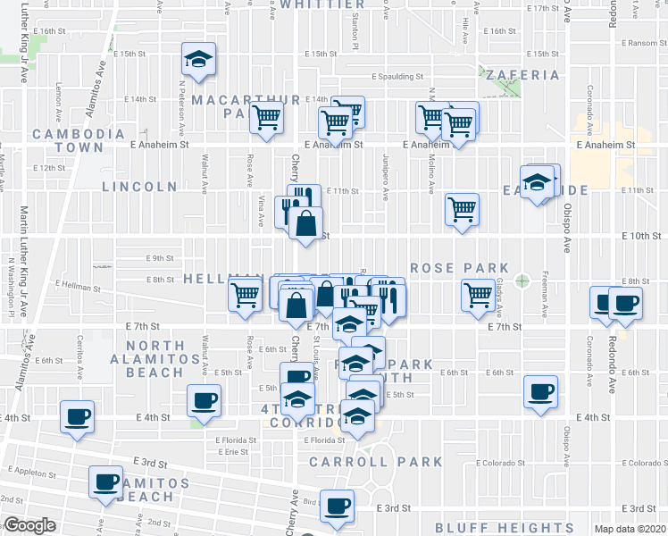 map of restaurants, bars, coffee shops, grocery stores, and more near 786 Dawson Avenue in Long Beach