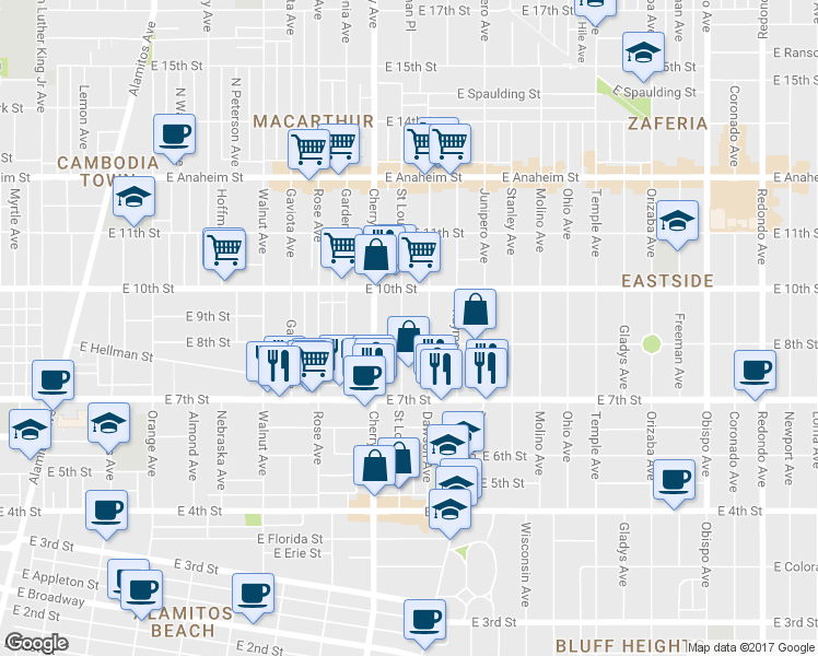 map of restaurants, bars, coffee shops, grocery stores, and more near 2082 East 8th Street in Long Beach
