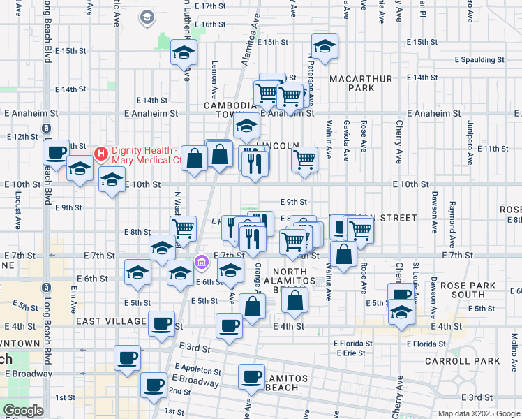 map of restaurants, bars, coffee shops, grocery stores, and more near 827 Orange Avenue in Long Beach