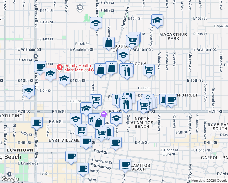 map of restaurants, bars, coffee shops, grocery stores, and more near 1012 East Hellman Street in Long Beach