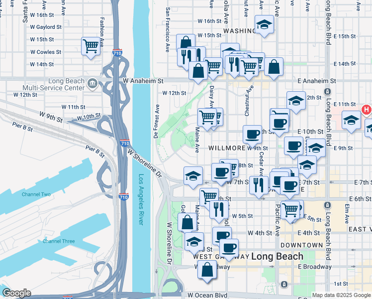 map of restaurants, bars, coffee shops, grocery stores, and more near 743 North Loma Vista Drive in Long Beach