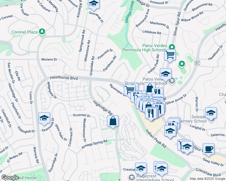 map of restaurants, bars, coffee shops, grocery stores, and more near 99 Hilltop Circle in Rancho Palos Verdes