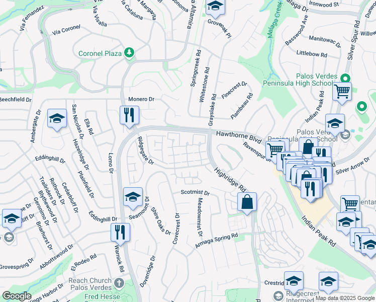 map of restaurants, bars, coffee shops, grocery stores, and more near 28032 Ridgecove Court North in Rancho Palos Verdes