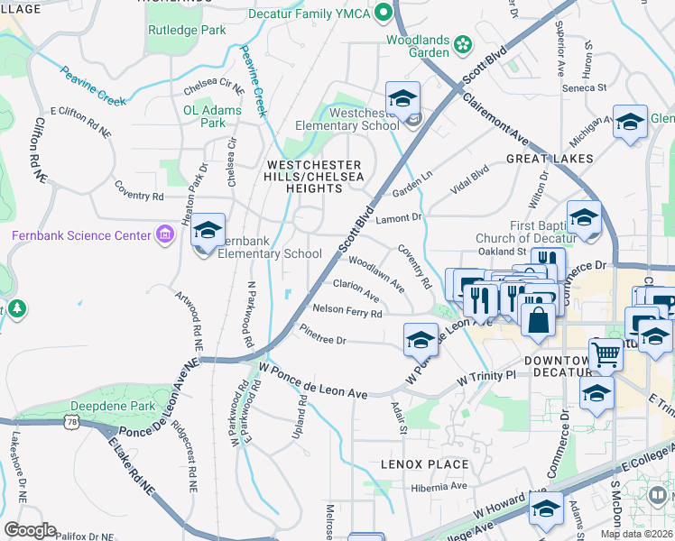 map of restaurants, bars, coffee shops, grocery stores, and more near 244 Woodlawn Avenue in Decatur