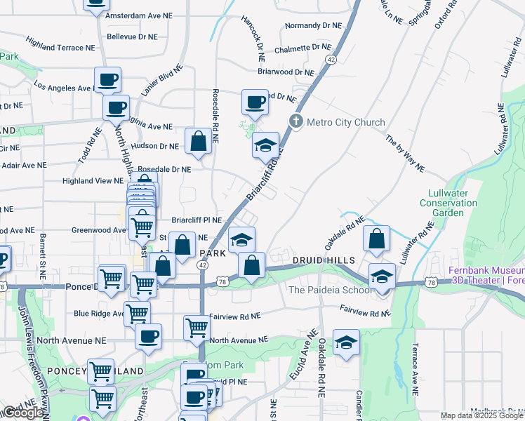 map of restaurants, bars, coffee shops, grocery stores, and more near 818 Springdale Road Northeast in Atlanta
