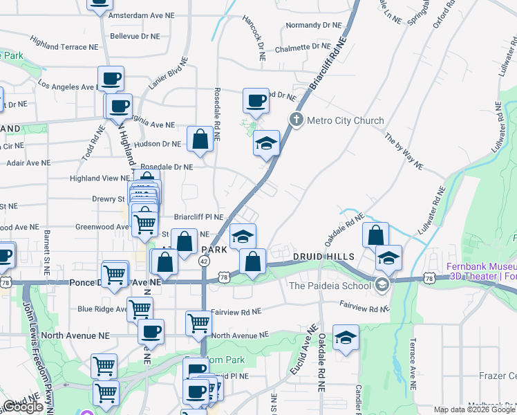 map of restaurants, bars, coffee shops, grocery stores, and more near 818 Springdale Road Northeast in Atlanta