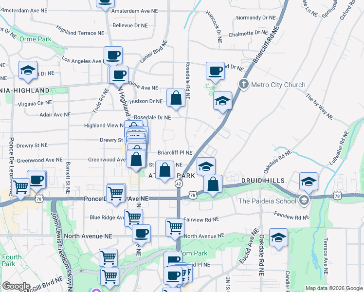 map of restaurants, bars, coffee shops, grocery stores, and more near 1176 Briarcliff Place Northeast in Atlanta