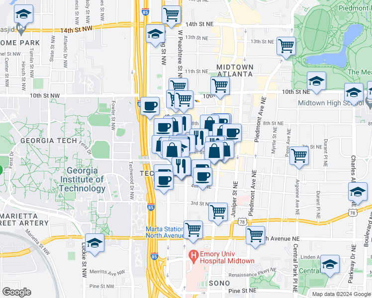 map of restaurants, bars, coffee shops, grocery stores, and more near 817 West Peachtree Street Northwest in Atlanta