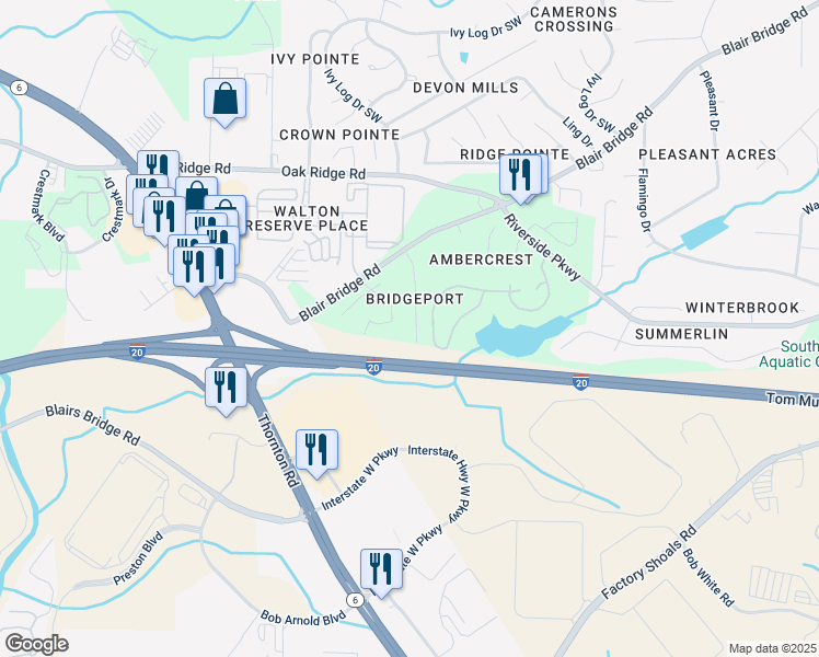 map of restaurants, bars, coffee shops, grocery stores, and more near 7250 Bridgeport Court in Austell