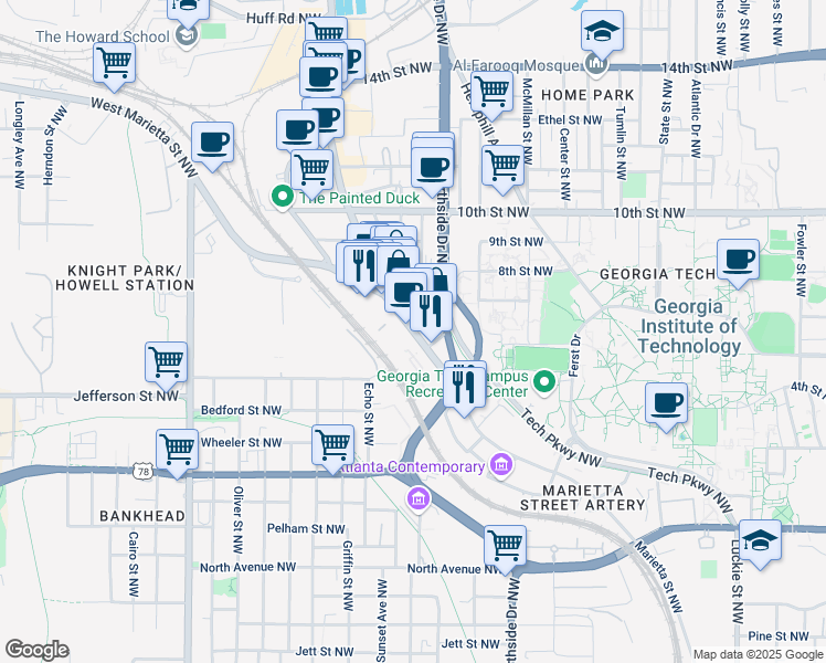 map of restaurants, bars, coffee shops, grocery stores, and more near 889 Marietta Street NorthWest in Atlanta