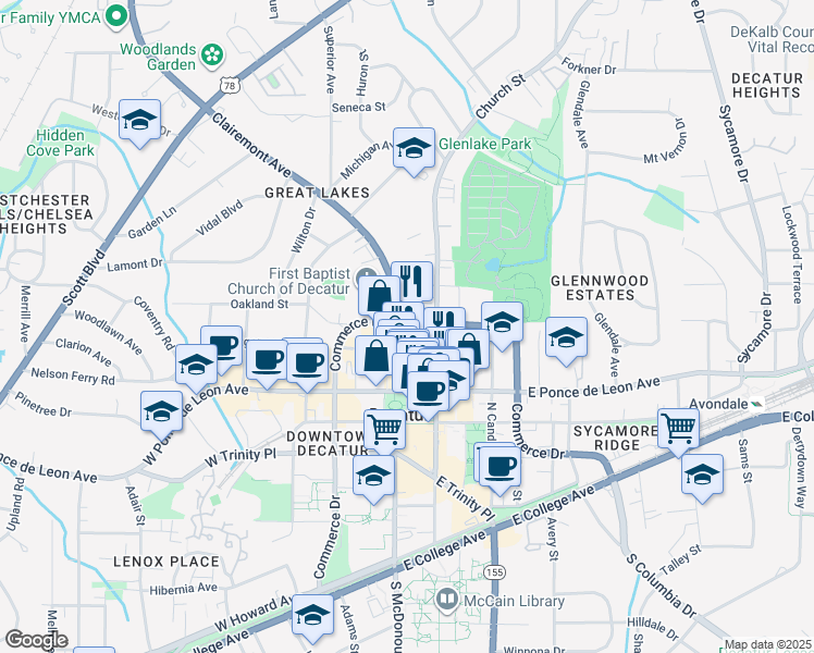 map of restaurants, bars, coffee shops, grocery stores, and more near 133 Clairemont Avenue in Decatur