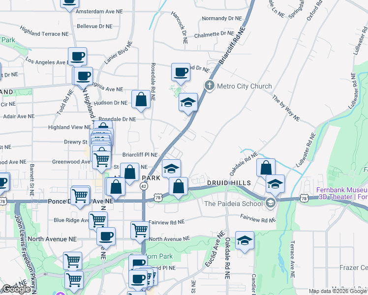map of restaurants, bars, coffee shops, grocery stores, and more near 869 Briarcliff Road Northeast in Atlanta