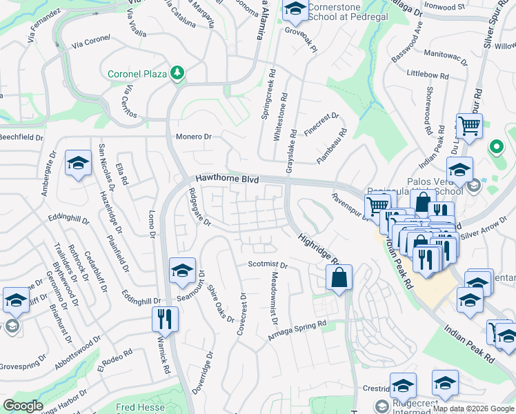 map of restaurants, bars, coffee shops, grocery stores, and more near 27926 Ridgebluff Court in Rancho Palos Verdes