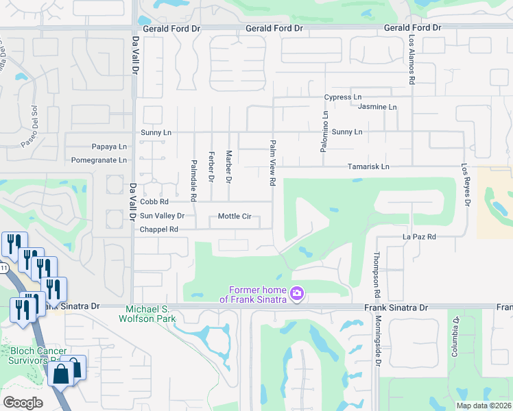 map of restaurants, bars, coffee shops, grocery stores, and more near 70425 Mottle Circle in Rancho Mirage