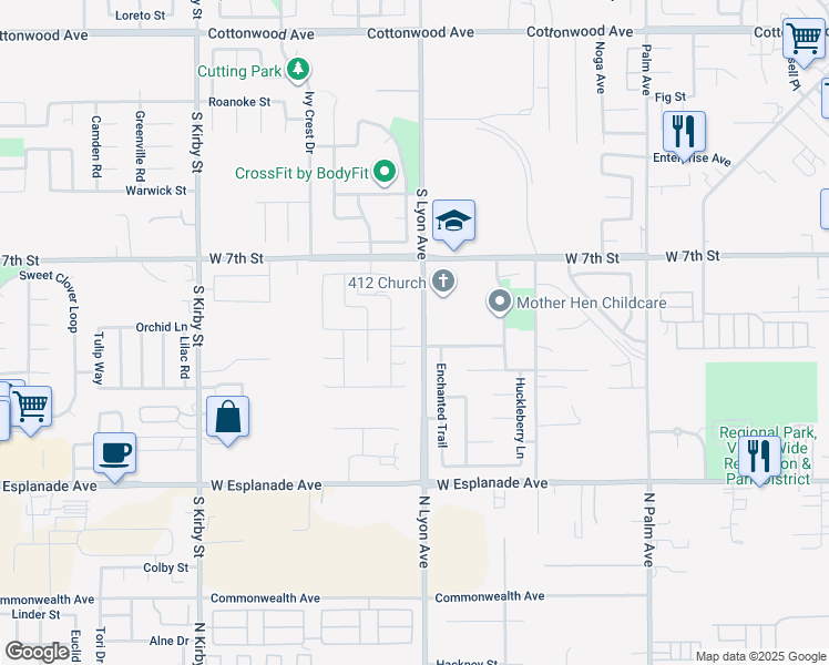 map of restaurants, bars, coffee shops, grocery stores, and more near 1520 Southfork Way in San Jacinto