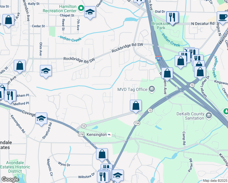 map of restaurants, bars, coffee shops, grocery stores, and more near 628 Avondale Hills Drive in Decatur