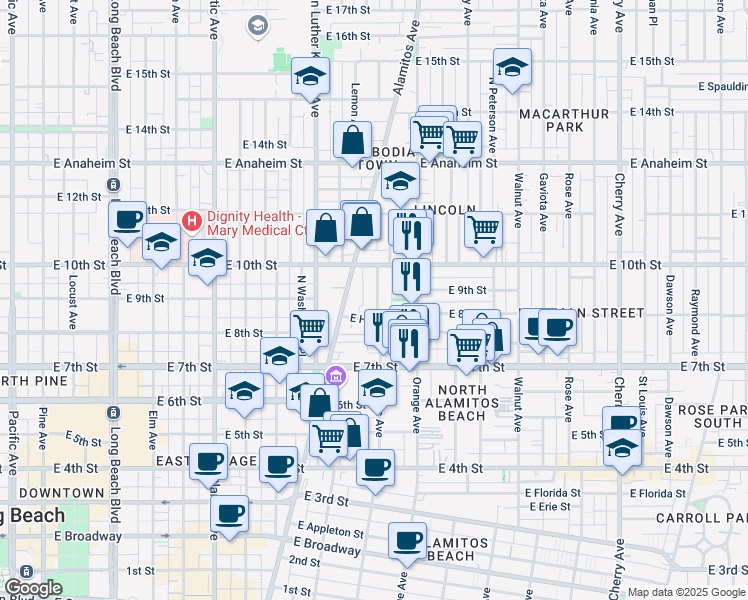 map of restaurants, bars, coffee shops, grocery stores, and more near 847 Cerritos Avenue in Long Beach