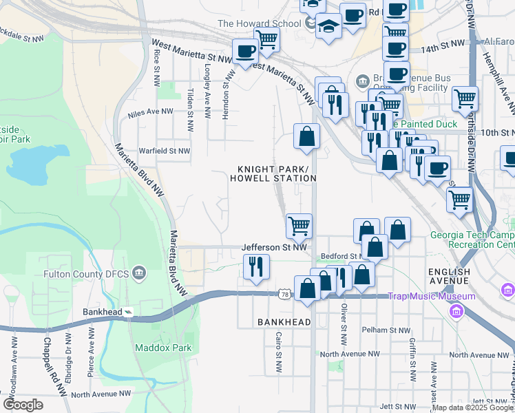 map of restaurants, bars, coffee shops, grocery stores, and more near 1033 Jefferson Street Northwest in Atlanta