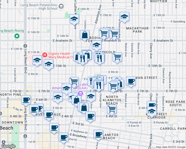 map of restaurants, bars, coffee shops, grocery stores, and more near 842 Cerritos Avenue in Long Beach