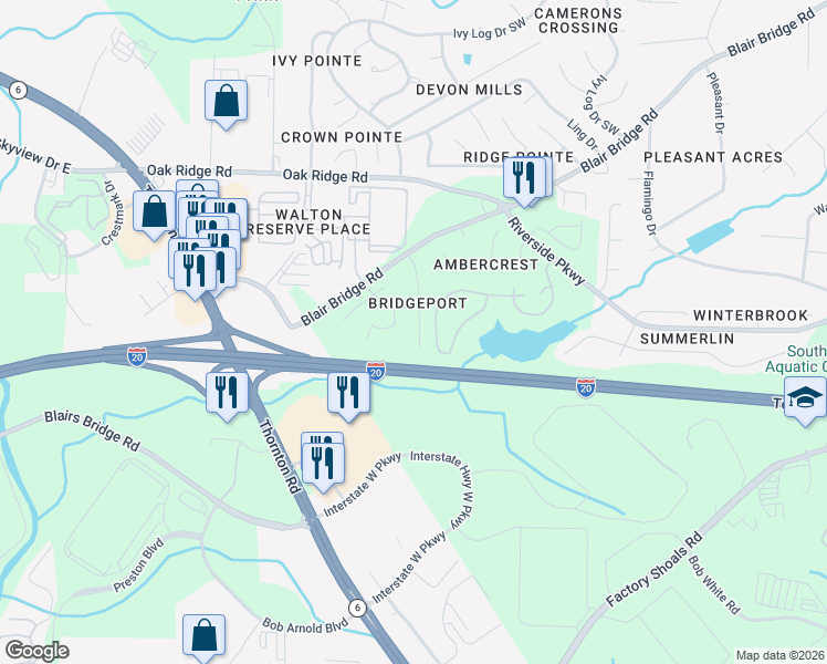 map of restaurants, bars, coffee shops, grocery stores, and more near 7266 Bridgeport Court in Austell
