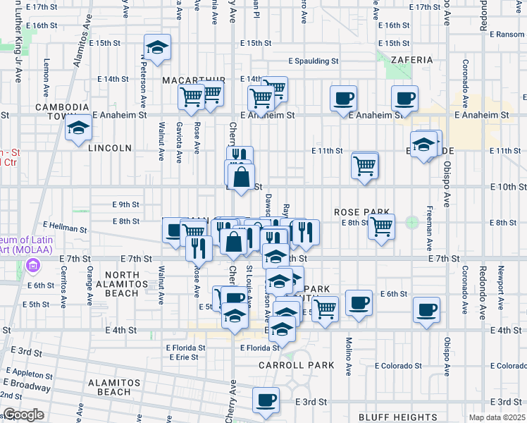 map of restaurants, bars, coffee shops, grocery stores, and more near 829 Dawson Avenue in Long Beach