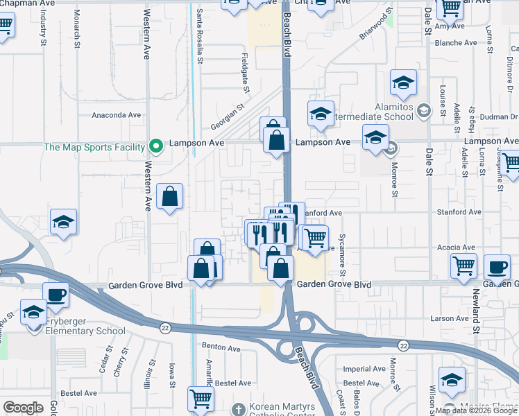 map of restaurants, bars, coffee shops, grocery stores, and more near 407 Lucent Drive in Stanton