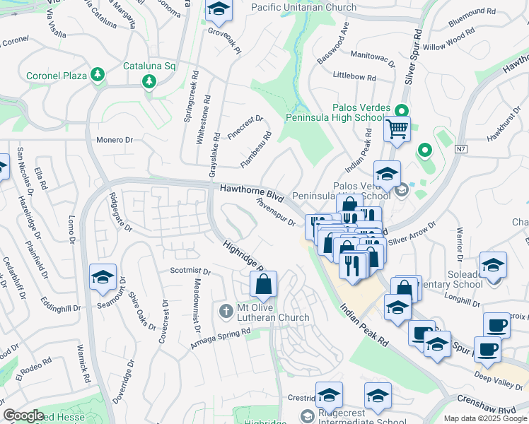 map of restaurants, bars, coffee shops, grocery stores, and more near 5718 Ravenspur Drive in Rancho Palos Verdes