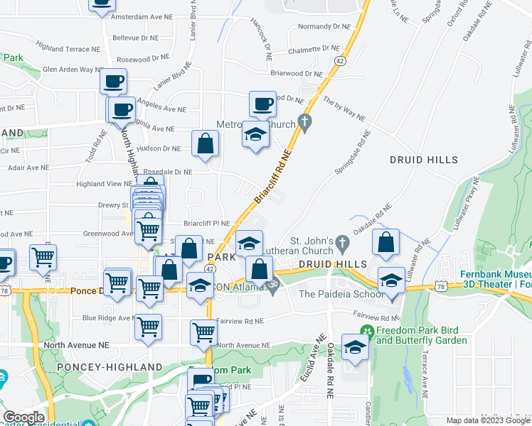 map of restaurants, bars, coffee shops, grocery stores, and more near 818 Springdale Road Northeast in Atlanta