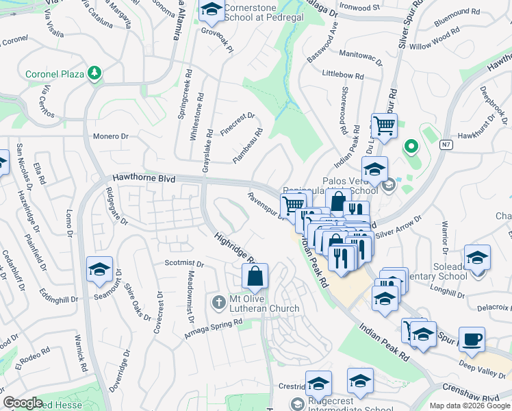 map of restaurants, bars, coffee shops, grocery stores, and more near 5718 Ravenspur Drive in Rancho Palos Verdes