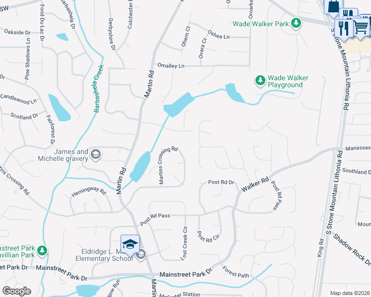 map of restaurants, bars, coffee shops, grocery stores, and more near 5355 Martins Crossing Road in Stone Mountain