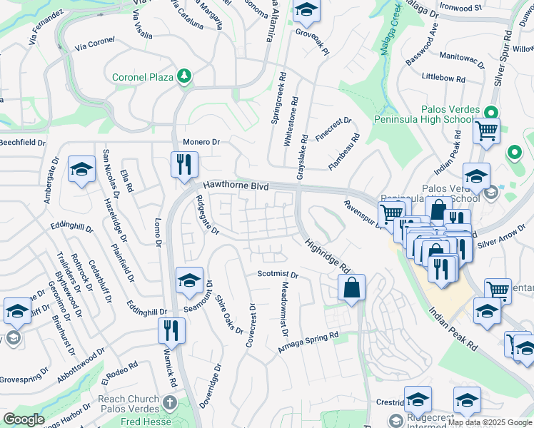 map of restaurants, bars, coffee shops, grocery stores, and more near 27909 Ridgebluff Court in Rancho Palos Verdes