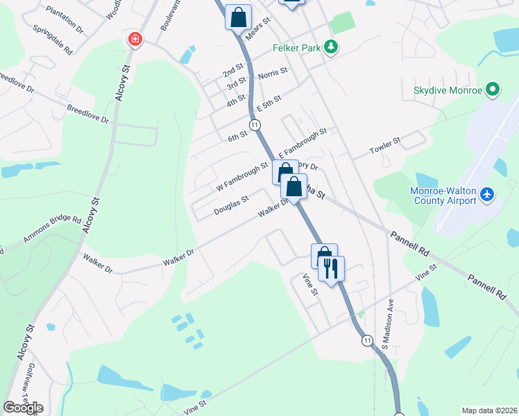 map of restaurants, bars, coffee shops, grocery stores, and more near 1213 Mathis Street in Monroe