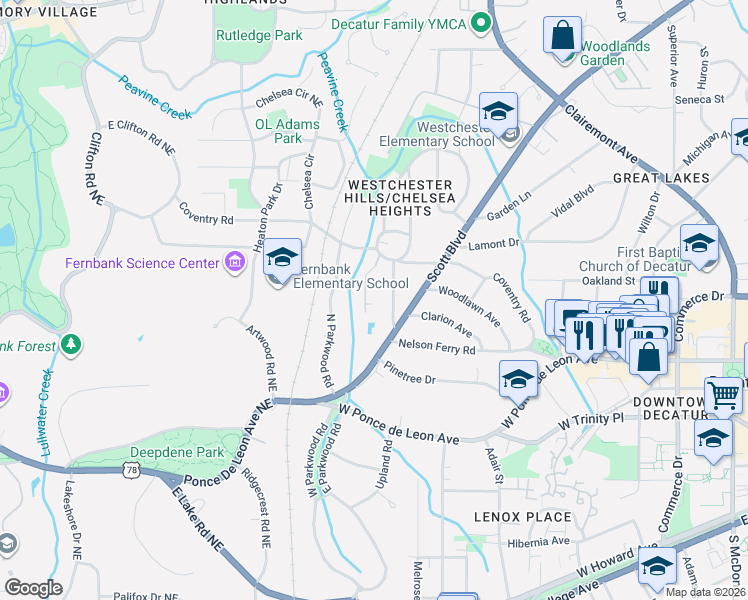 map of restaurants, bars, coffee shops, grocery stores, and more near 510 Coventry Road in Decatur