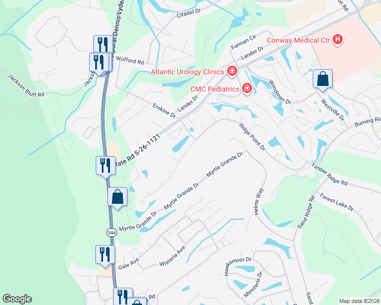 map of restaurants, bars, coffee shops, grocery stores, and more near 270 Ridge Point Drive in Conway