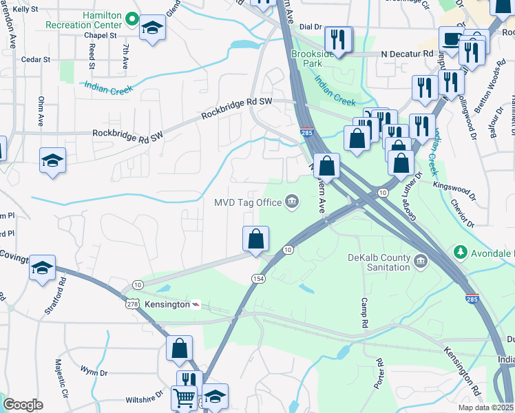 map of restaurants, bars, coffee shops, grocery stores, and more near 640 Avondale Park Circle in Avondale Estates