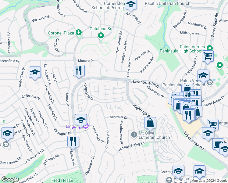 map of restaurants, bars, coffee shops, grocery stores, and more near 27901 Ridgebluff Court in Rancho Palos Verdes