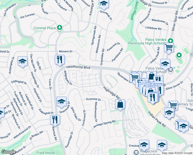 map of restaurants, bars, coffee shops, grocery stores, and more near 28035 Ridgebrook Court in Rancho Palos Verdes