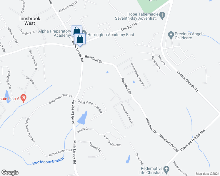 map of restaurants, bars, coffee shops, grocery stores, and more near 3802 Rosebud Park Drive Southwest in Snellville
